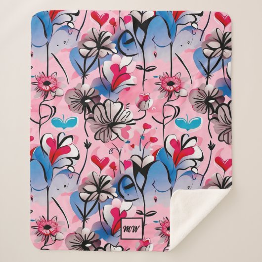 Couverture Sherpa Coeurs floraux, vibrants et monogramme de fleurs (Devant)