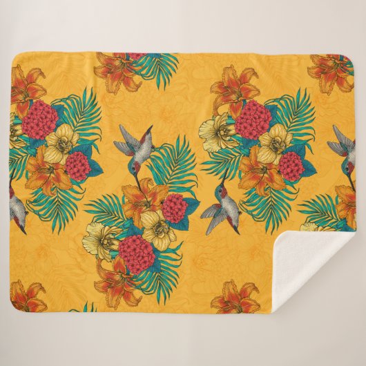 Couverture Sherpa Colibris et bouquet tropical en jaune (Devant (Horizontal))