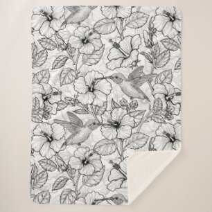Couverture Sherpa Colibris et fleurs d'hibiscus b&w