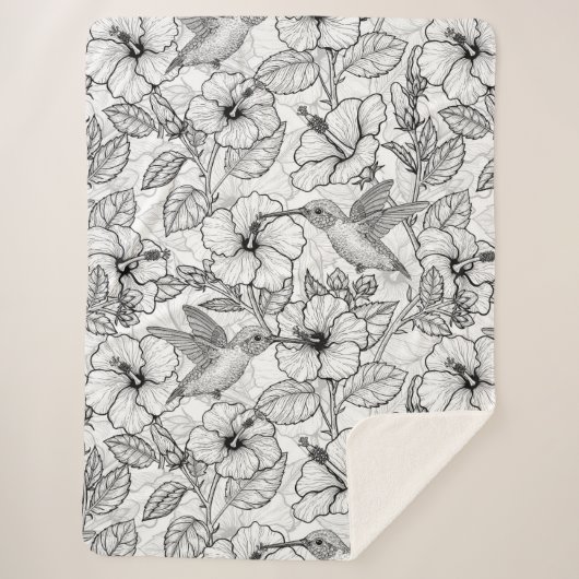 Couverture Sherpa Colibris et fleurs d'hibiscus b&w (Devant)