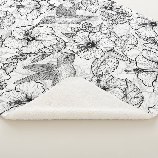 Couverture Sherpa Colibris et fleurs d'hibiscus b&w (3/4)