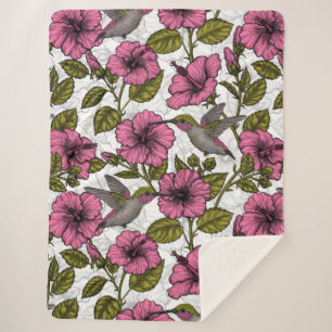 Couverture Sherpa Colibris et fleurs d'hibiscus roses