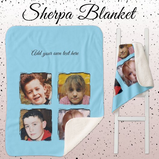 Couverture Sherpa collage de 4 photos ajouter du texte bleu