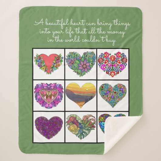 Couverture Sherpa Collage of Painted Hearts (on green), with Quote (Devant)