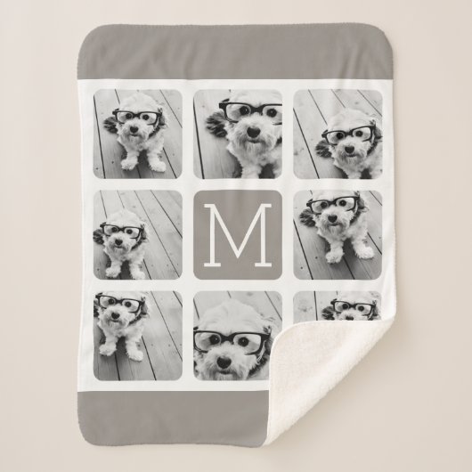 Couverture Sherpa Collage photo 8 avec Monogramme - Taupe neutre (Devant)