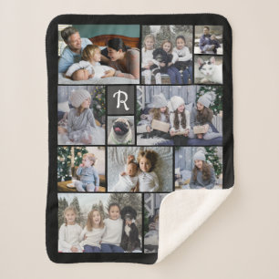 Couverture Sherpa Collage Photo Famille 14 Photos + Monogramme Black