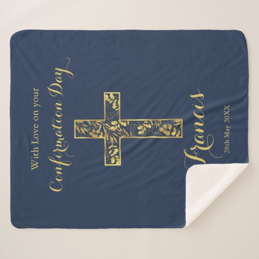 Couverture Sherpa Confirmation de croix bleu or garçons (Devant (Horizontal))