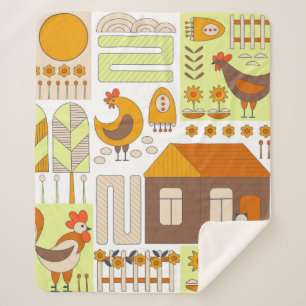Couverture Sherpa Coq et deux poules, oeufs, fleurs, maison, drawin