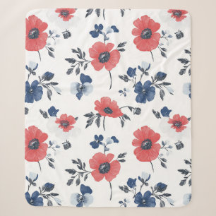 Couverture Sherpa Coquelicot corail Navy Blue Floral Botanique