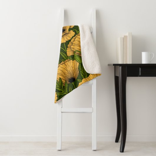 Couverture Sherpa Coquelicots jaunes sur vert foncé (En situation)