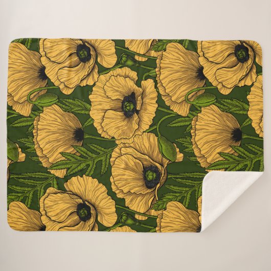 Couverture Sherpa Coquelicots jaunes sur vert foncé (Devant (Horizontal))