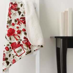 Couverture Sherpa Coquette chic roses rouges et arcs monogramme