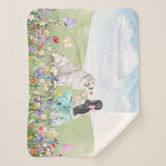 Couverture Sherpa Coquette Fille et Chien Printemps Pré Sherpa Blank (Devant)