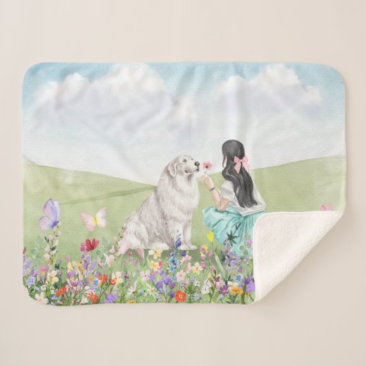 Couverture Sherpa Coquette Fille et Chien Printemps Pré Sherpa Blank (Devant (Horizontal))