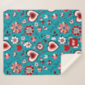 Couverture Sherpa Coquette, floral et coeur turquoise monogramme rou (Devant (Horizontal))