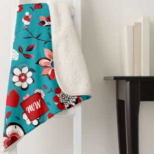 Couverture Sherpa Coquette, floral et coeur turquoise monogramme rou