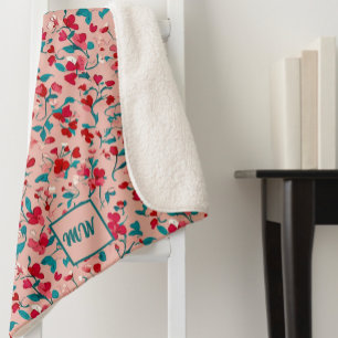 Couverture Sherpa Coquette rouge rose et monogramme turquoise