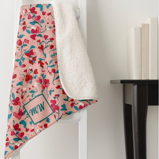 Couverture Sherpa Coquette rouge rose et monogramme turquoise