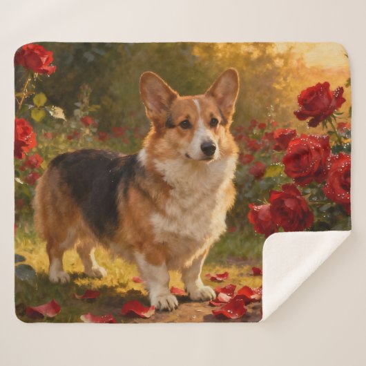Couverture Sherpa Corgi dans les Roses V (Devant (Horizontal))