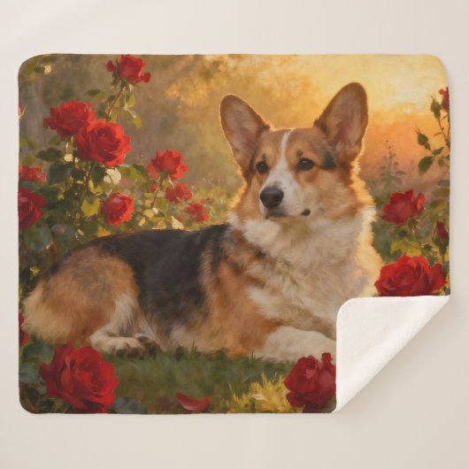 Couverture Sherpa Corgi dans les Roses VI (Devant (Horizontal))