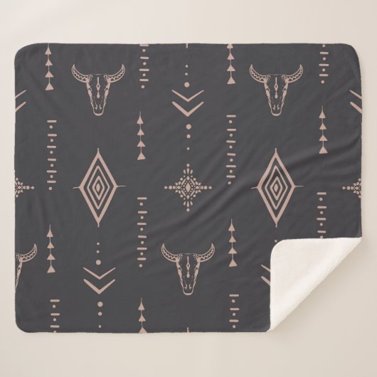 Couverture Sherpa Crâne de taureau de Boho, sans couture ethnique. (Devant (Horizontal))