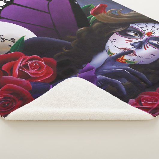 Couverture Sherpa Crâne sucre Roses rouges pourpre (3/4)