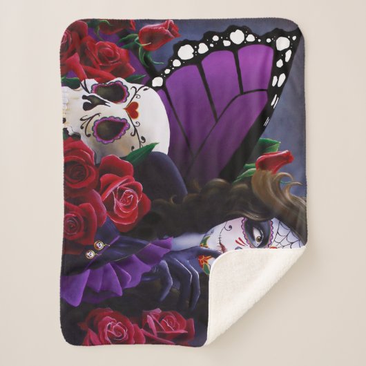 Couverture Sherpa Crâne sucre Roses rouges pourpre (Devant)