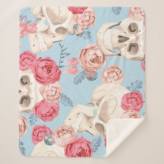 Couverture Sherpa Crânes et Motif Vintage Rose (Devant)