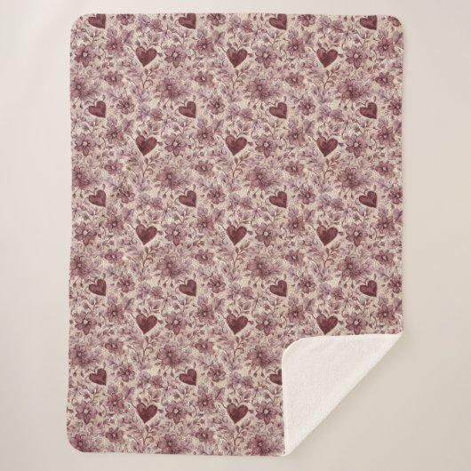 Couverture Sherpa Cream Burgundy Red Hearts Flowers (Devant)
