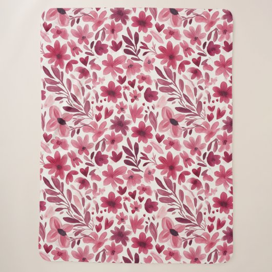Couverture Sherpa Crème Fille Rose Rouge Fleurs Cœurs (Devant)