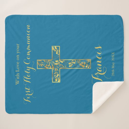 Couverture Sherpa Croix d'or bleu communion (Devant (Horizontal))
