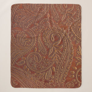 Couverture Sherpa Cuir Brown, motifs floraux à outils.