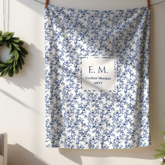 Couverture Sherpa Custom Name Dusty Blue Toile Floral Cozy Blanket