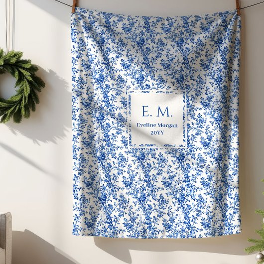 Couverture Sherpa Custom Name Royal Blue Toile de Jouy Throw Blanket