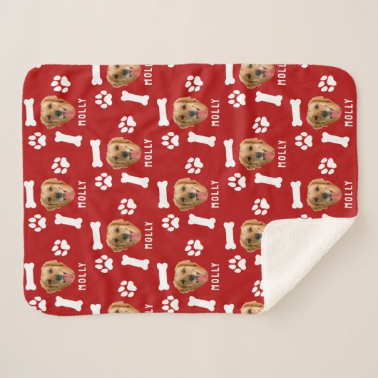 Couverture Sherpa Customized Dog Pet Photo & Name Red (Devant (Horizontal))