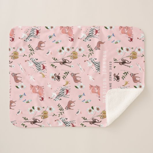 Couverture Sherpa Cute animaux roses paresseux, zèbre & oiseaux pépi (Devant (Horizontal))