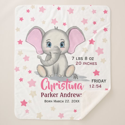 Couverture Sherpa Cute Baby Elephant with Pink Ears Girl Birth Stats (Devant)