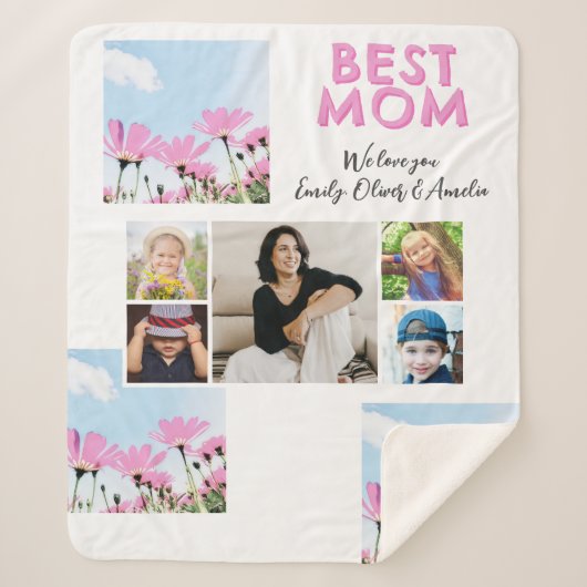 Couverture Sherpa Cute Best Mom Pink Flowers 5 Photo Collage (Devant)