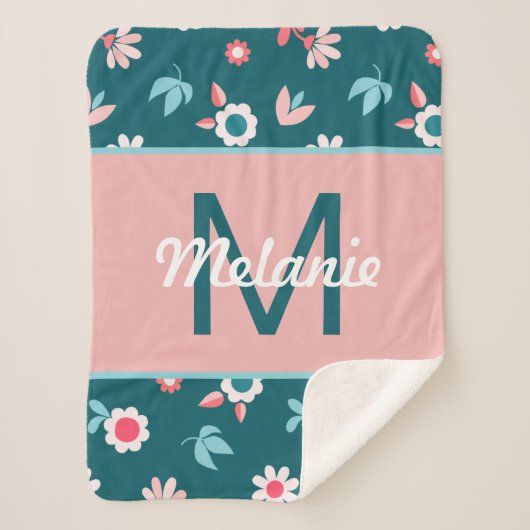 Couverture Sherpa Cute Blue and Pink Personalised Floral Girl's (Devant)