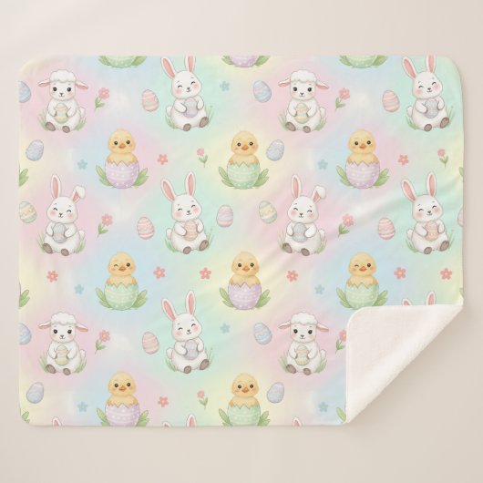 Couverture Sherpa Cute Bunny Chick & Lamb Easter Pattern (Devant (Horizontal))
