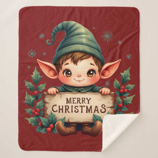 Couverture Sherpa Cute Christmas Elf Holding Merry Sign Red (Devant)