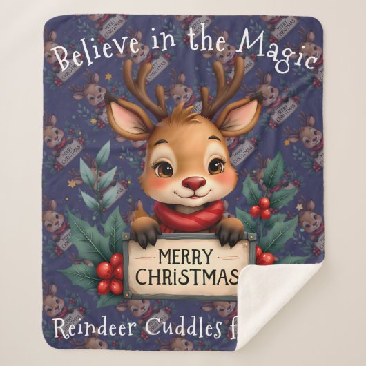 Couverture Sherpa Cute Christmas Reindeer with Holly and Sign (Devant)