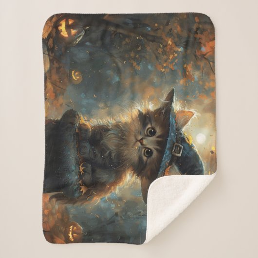 Couverture Sherpa Cute Kitten portant un Casquette sorcier (Devant)