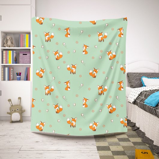 Couverture Sherpa Cute Little Foxes Motif sur Green