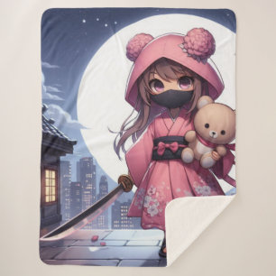 Couverture Sherpa Cute ninja guerrière fille & teddy
