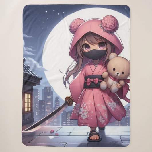 Couverture Sherpa Cute ninja guerrière fille & teddy (Devant)
