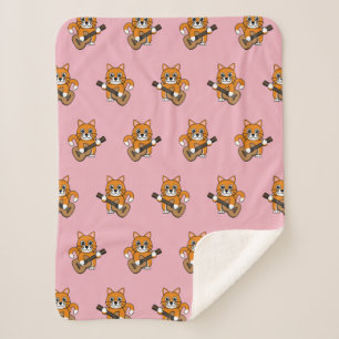 Couverture Sherpa Cute Orange Chat Blanc Jouer Caricature Guitare