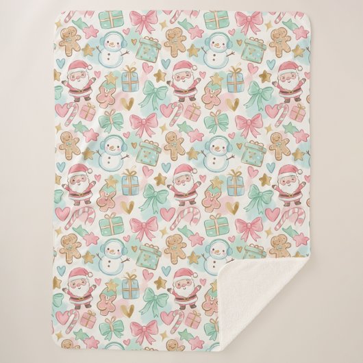 Couverture Sherpa Cute Pastel Kawaii Winter Santa & Snowman Pattern (Devant)