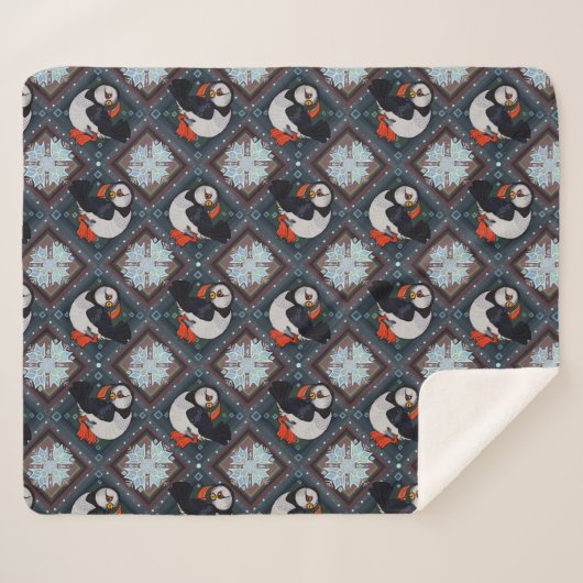 Couverture Sherpa Cute Puffin Birds Motif d'hiver (Devant (Horizontal))