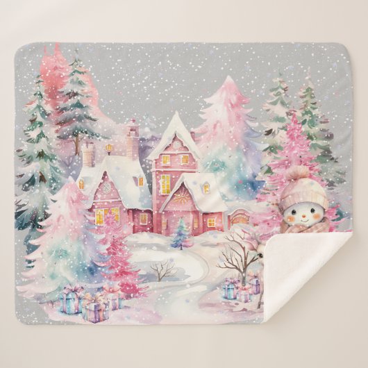 Couverture Sherpa Cute rose Snowman hiver Wonderland (Devant (Horizontal))